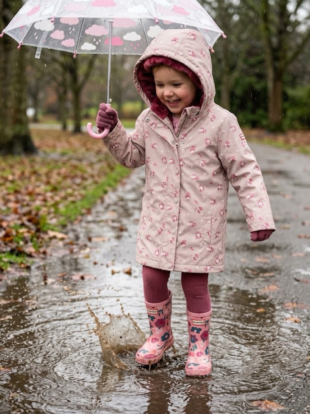 Hunter NWT Little Girls Tan/Pink Floral Printed Fleece-Lined Rain Jacket